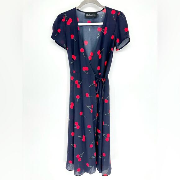 Realisation The Teale Wrap Midi 100% Silk Dress Wild Cherry Navy Blue - Picture 1 of 4